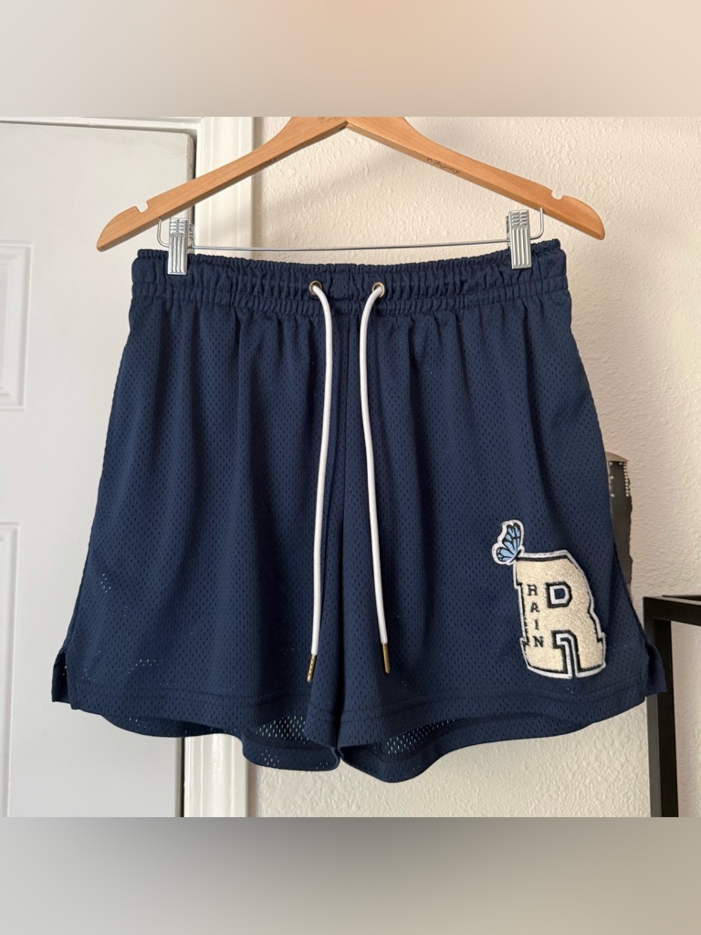 RYOKO RAIN navy blue basketball mesh logo butterfly patch athletic shorts